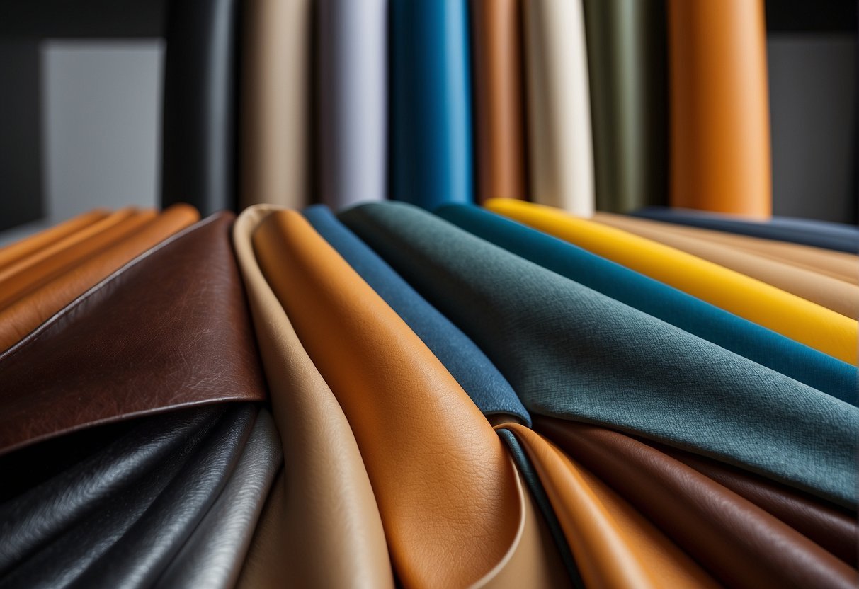 A table with various materials laid out for comparison: leather, canvas, nylon, and polyester. Each material is labeled with its respective brand and quality level