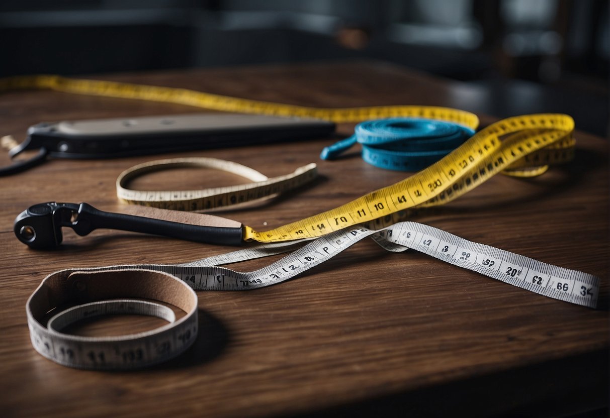 A table with various materials (leather, canvas, nylon) and a measuring tape for comparison. Labels indicating durability, weight, and texture