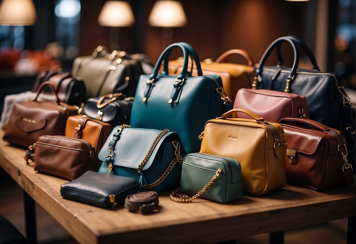 A table with various styles of shoulder bags arranged neatly, with accessories like scarves and keychains placed next to them for styling inspiration