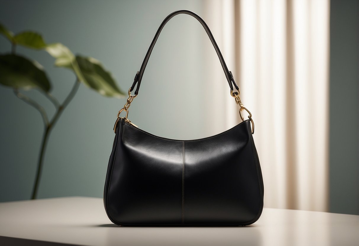 A stylish, minimalist shoulder bag sits on a clean, modern surface with soft lighting casting a subtle shadow