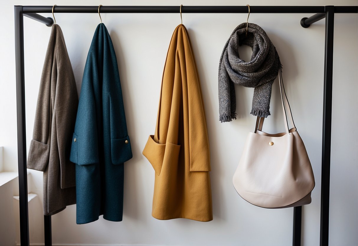 A stylish, modern Umhängetaschen hangs on a coat rack, next to a pair of sleek sunglasses and a colorful scarf. The setting is a bright, airy room with minimalist decor