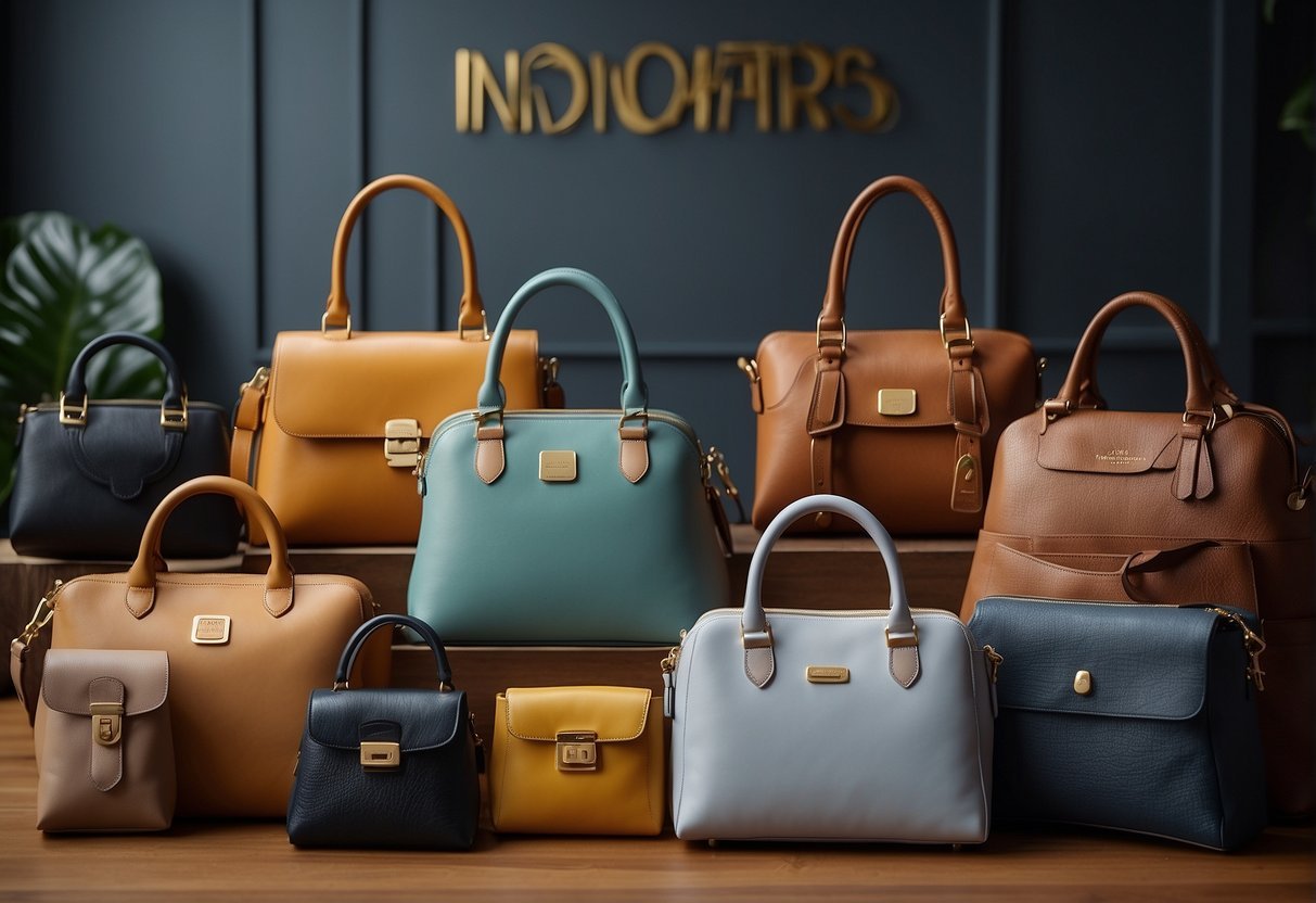 A variety of stylish shoulder bags arranged neatly with accompanying fashion accessories and a "Frequently Asked Questions" sign in the background