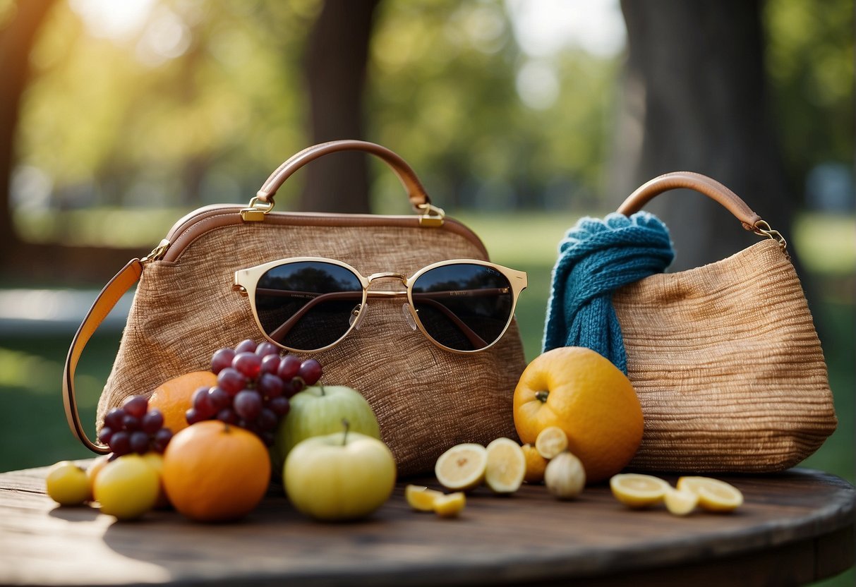 A table with various seasonal items - scarves, sunglasses, and hats - arranged around an open handbag. The bag is displayed in different styling options