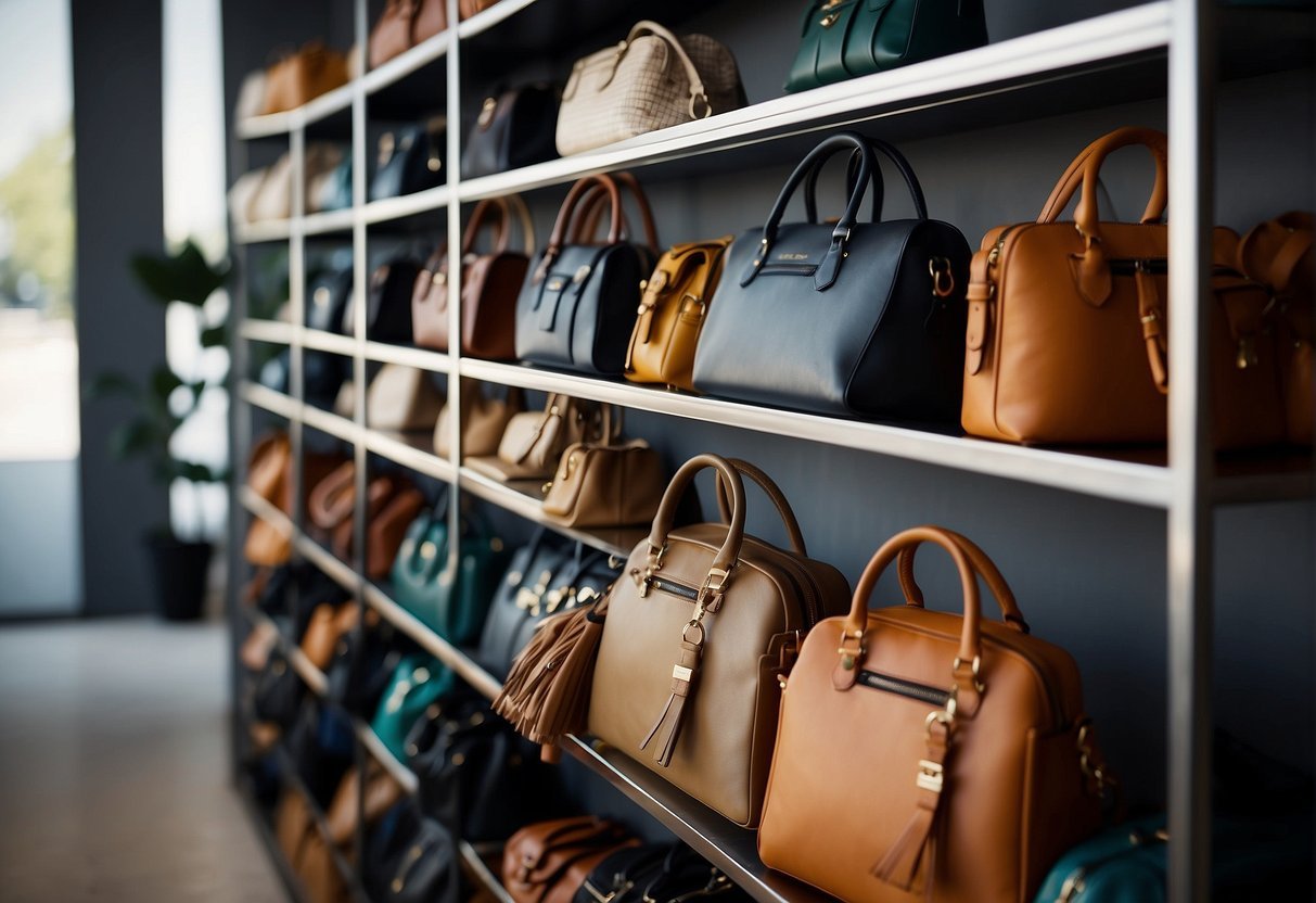 A neatly organized shelf with various stylish shoulder bags. A hand reaching for a bag, with a mirror reflecting the bags' stylish look