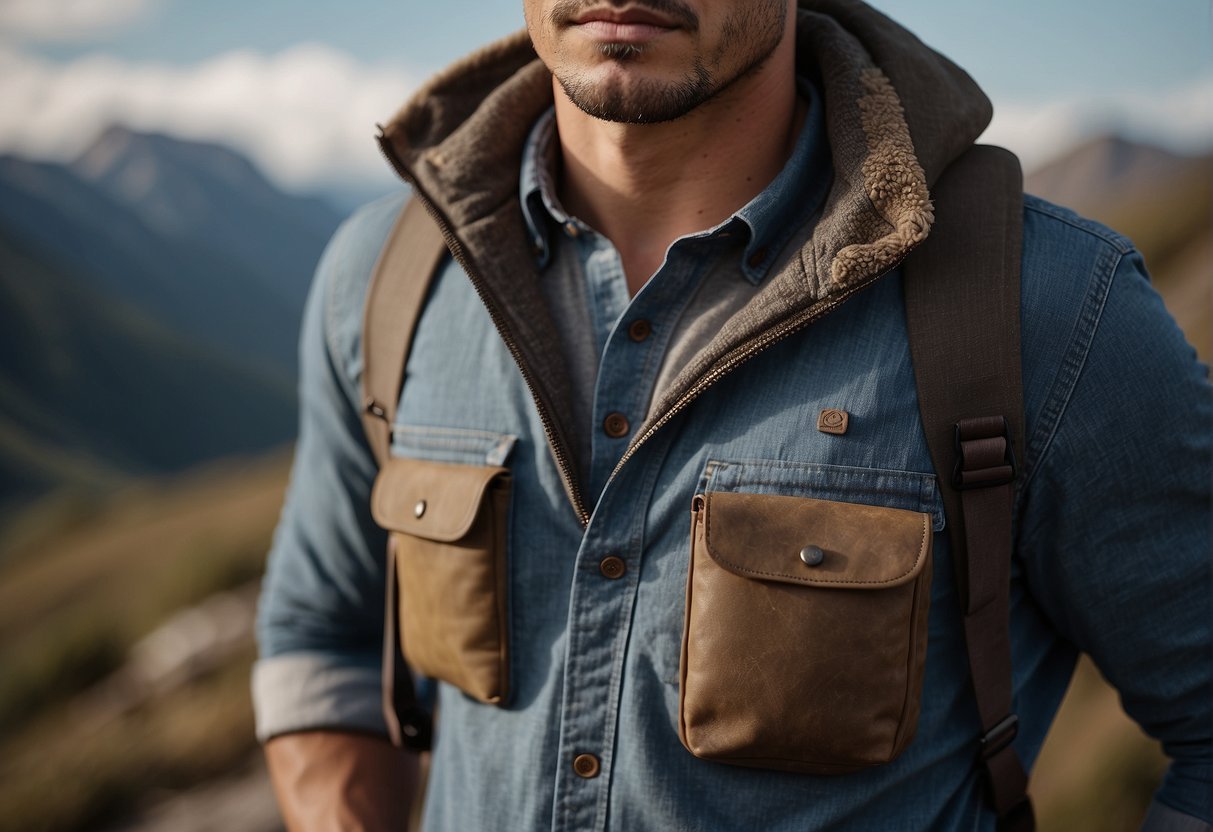 A rugged outdoor scene with a stylish men's chest pocket design