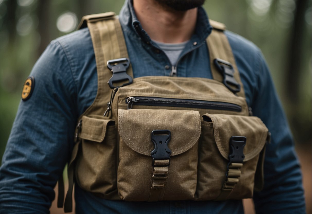 A durable outdoor men's chest pocket with rugged material and secure fastenings, ready for adventure