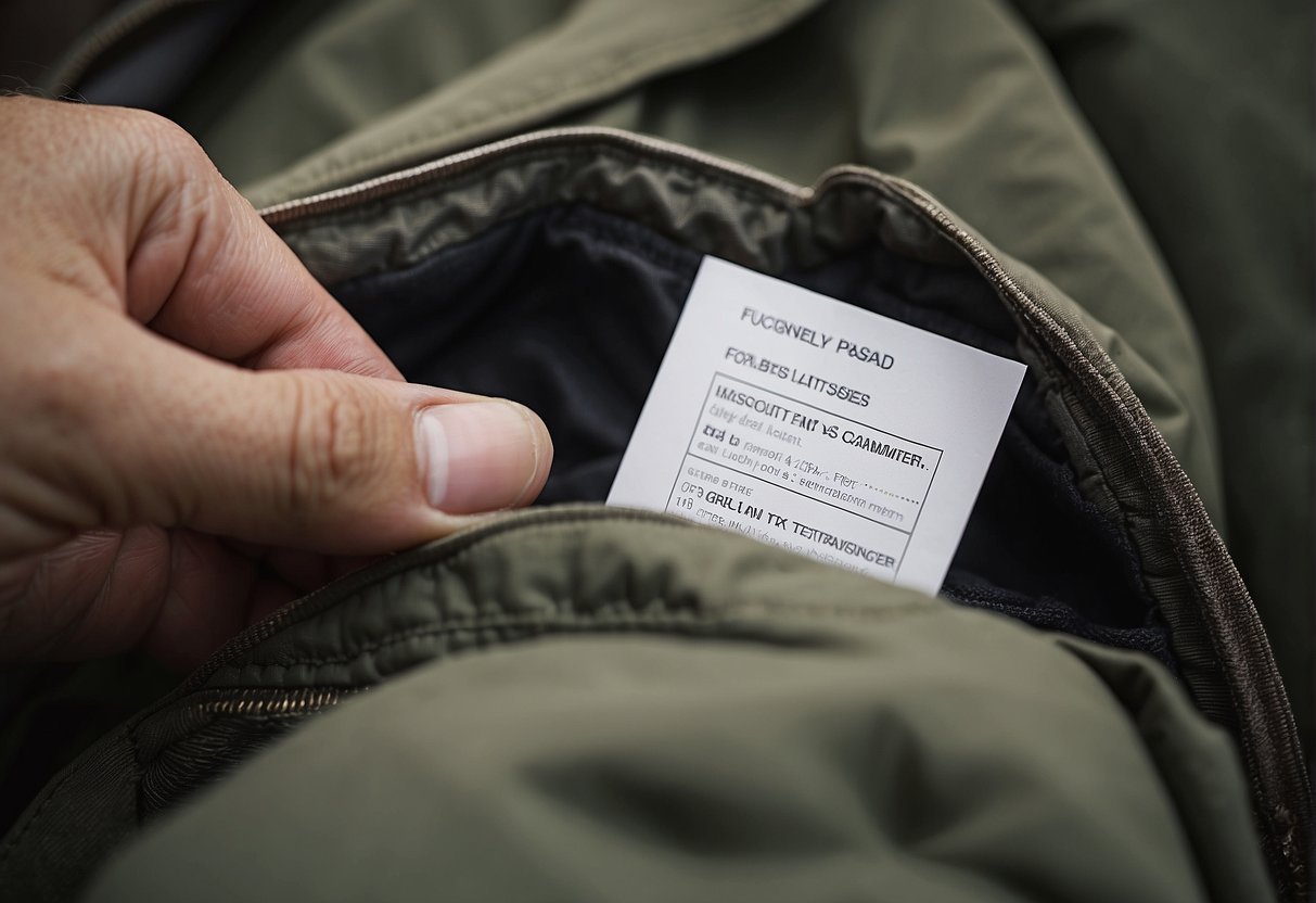 A man's hand reaching into a front pocket of a rugged outdoor jacket, pulling out a small booklet labeled "Frequently Asked Questions."