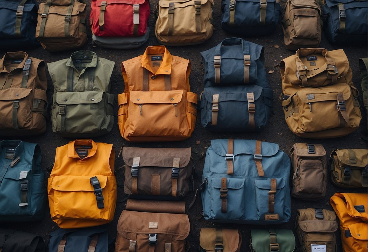 A rugged outdoor scene with various men's chest pockets and brands displayed