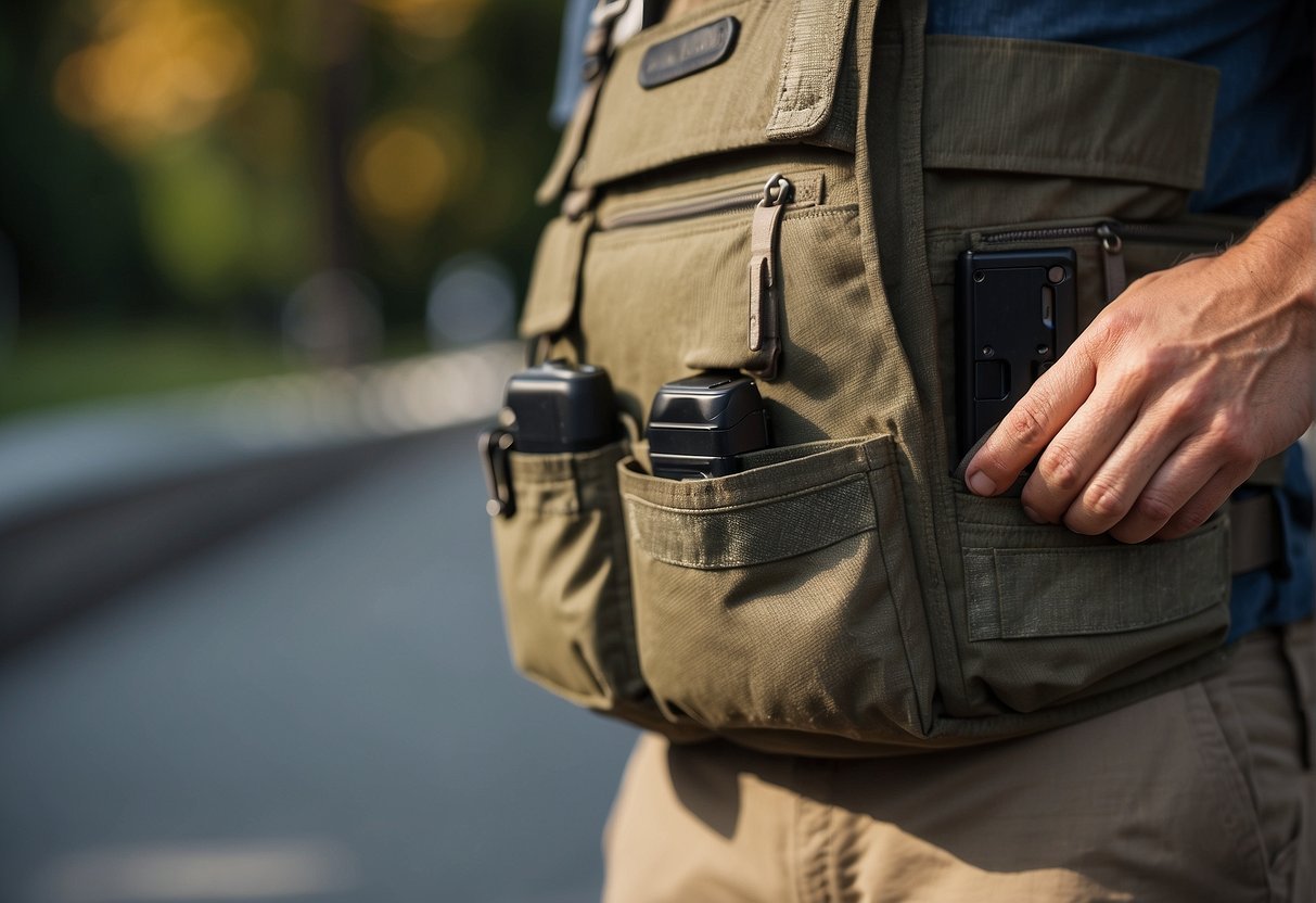 A man's outdoor chest pocket with secure fastenings for safety and protection