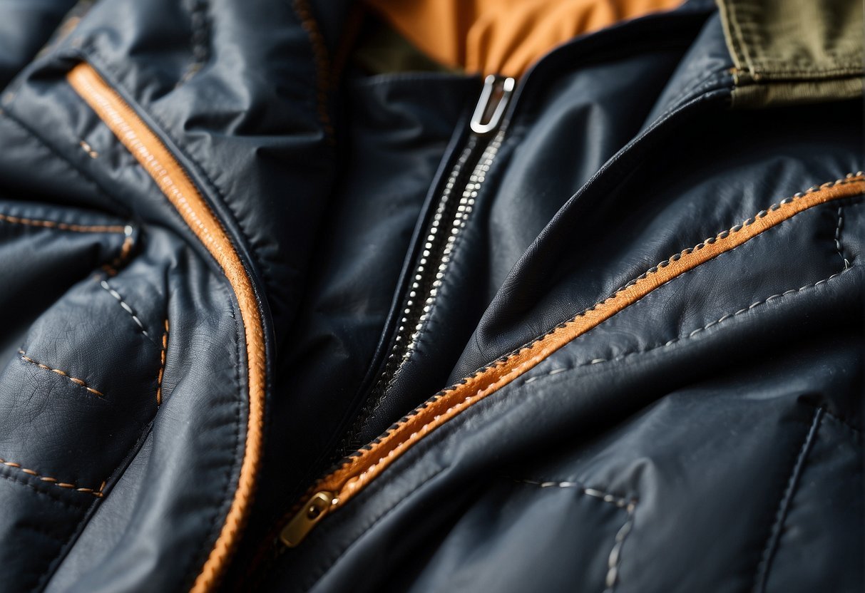 A man's outdoor jacket pocket with visible stitching and zipper