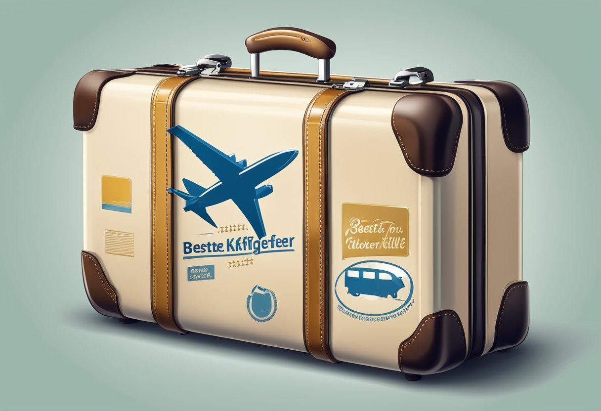 A suitcase with the label "beste koffer für vielflieger" is being handed over to a customer with a guarantee and customer service information included