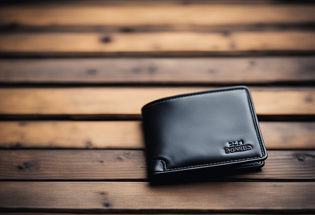 A well-worn leather men's wallet on a wooden table, showing signs of care and durability