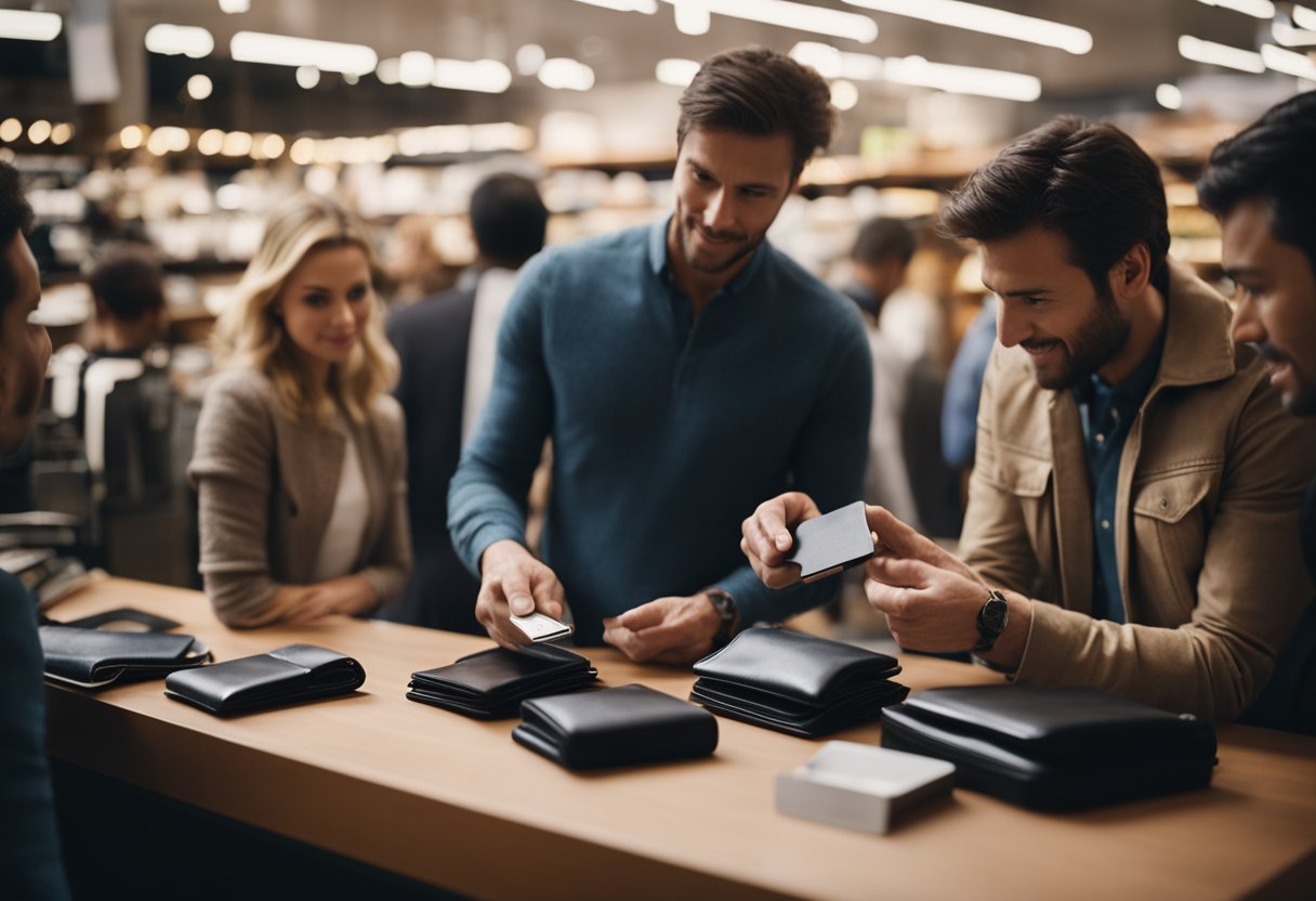 A man's leather wallet being examined and discussed by a group of people in a retail setting