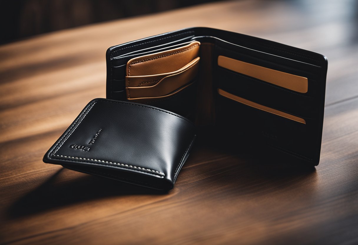 A sleek leather men's wallet with minimalist design and classic style, featuring clean lines and high-quality materials