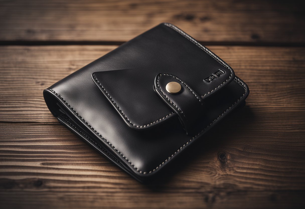 A leather men's wallet laying open on a wooden table