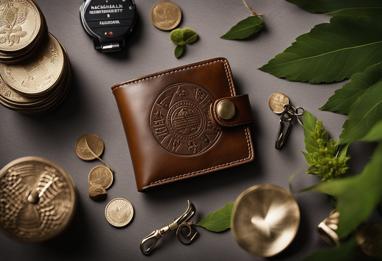 A leather wallet with "Nachhaltigkeit und Herkunft des Leders" embossed on it, surrounded by eco-friendly materials and natural elements