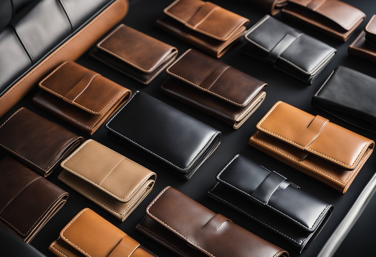 A display of leather men's wallets with different price categories and brand names