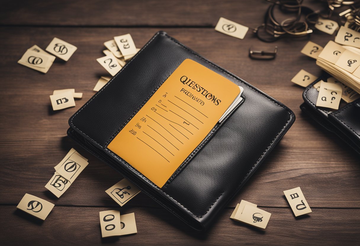 A leather wallet surrounded by question marks and a list of frequently asked questions