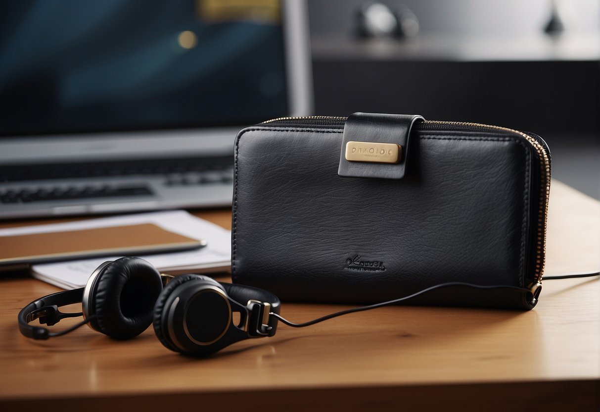 A stylish wallet sitting on a cluttered desk with headphones, a phone, and a skateboard in the background