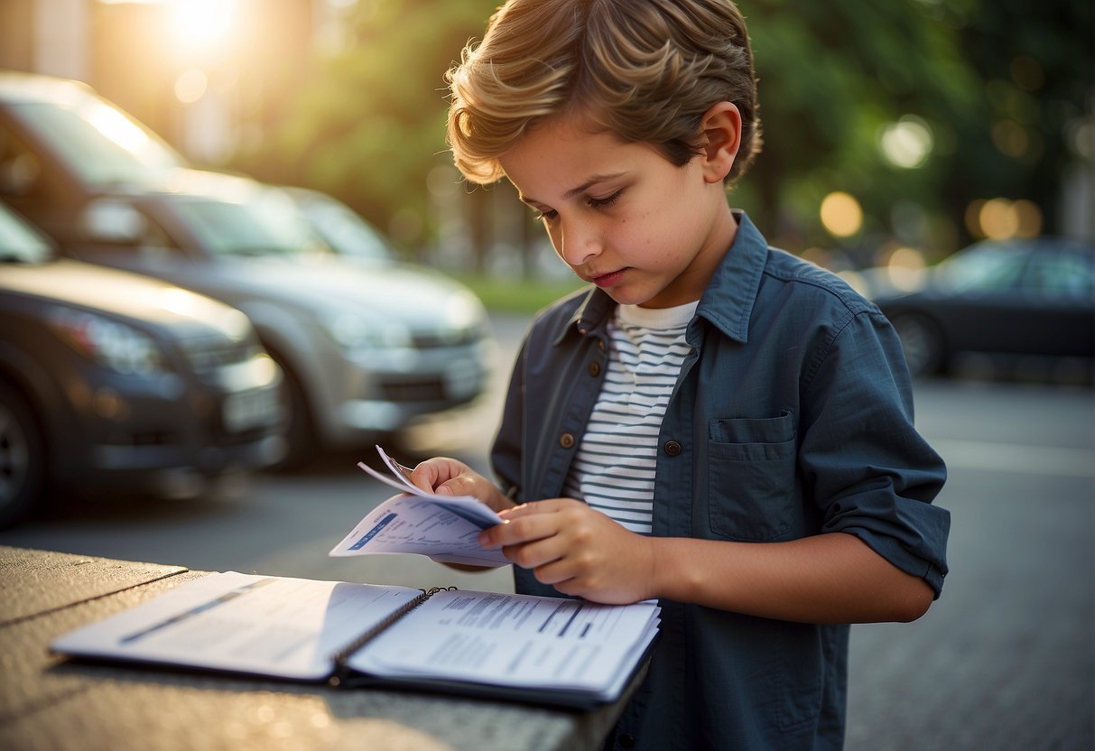 A young boy comparing prices and planning his budget for a cool wallet