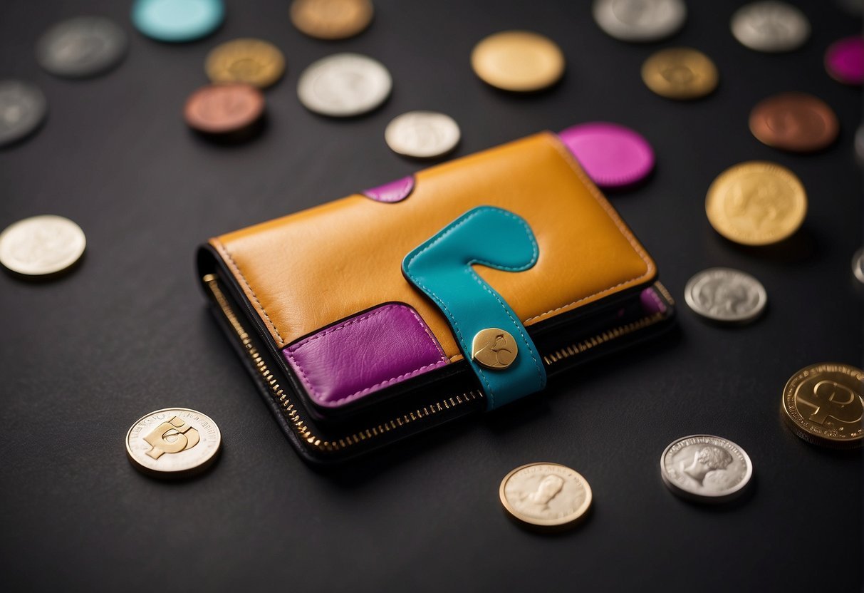 A stylish wallet surrounded by question marks, symbolizing curiosity and interest. Bright colors and modern design convey a youthful and trendy vibe