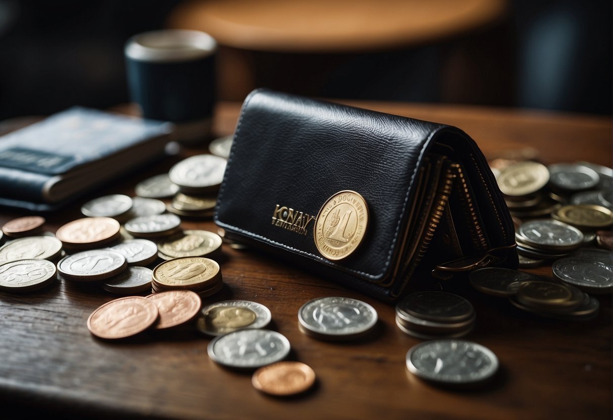 A girl's wallet open on a table, with coins and bills spilling out