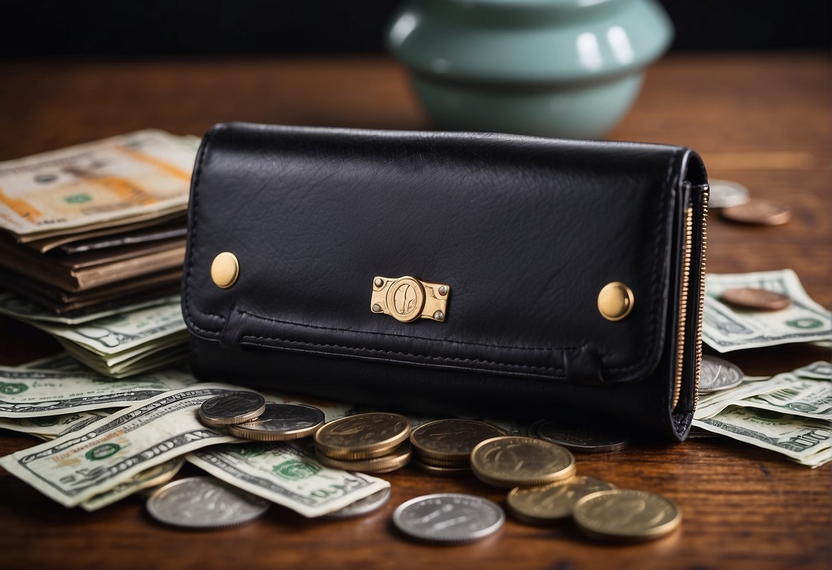 A girl's wallet on a table with coins and bills spilling out