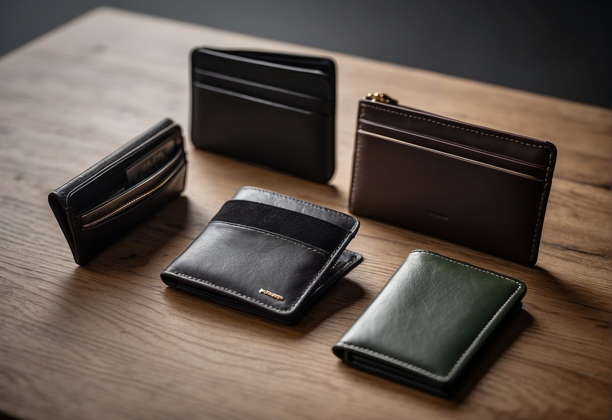 A variety of minimalist wallets displayed on a clean, modern surface