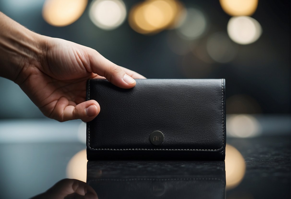 A hand reaching for a sleek, minimalist wallet on a clean, modern surface