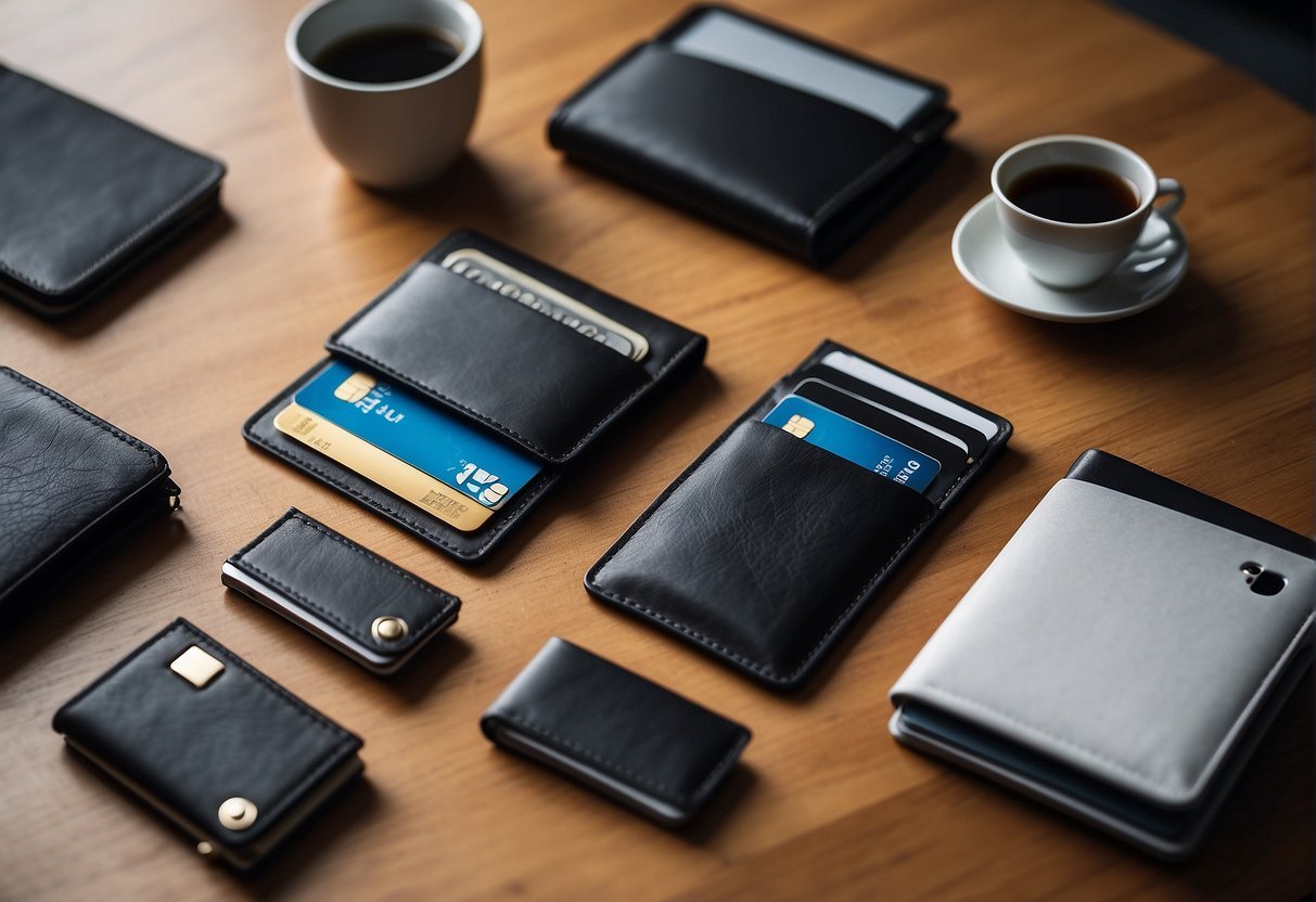 A table with various minimalist wallets, with focus on sleek design and quality materials. No clutter or excess, just a few carefully selected options