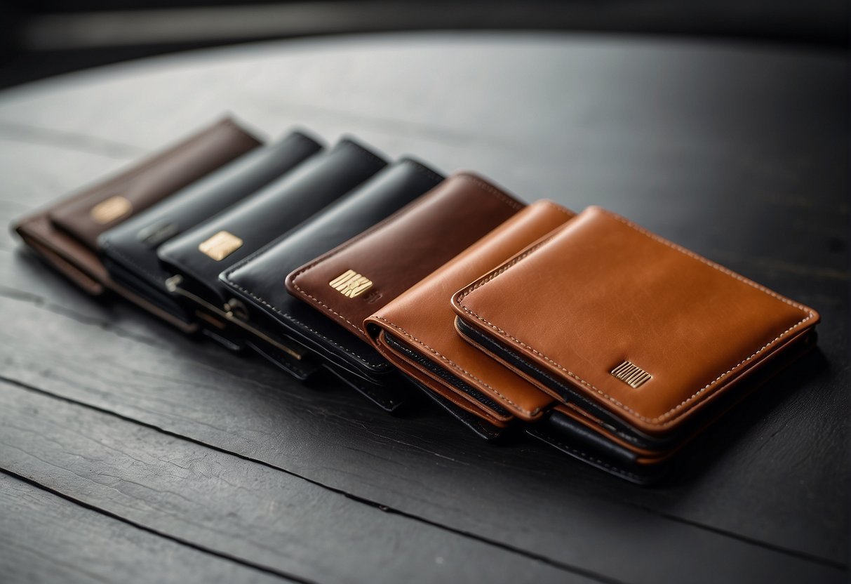 A sleek display of 10 stylish wallets arranged on a modern, minimalist surface. Each wallet exudes sophistication and is perfect for the fashion-forward man