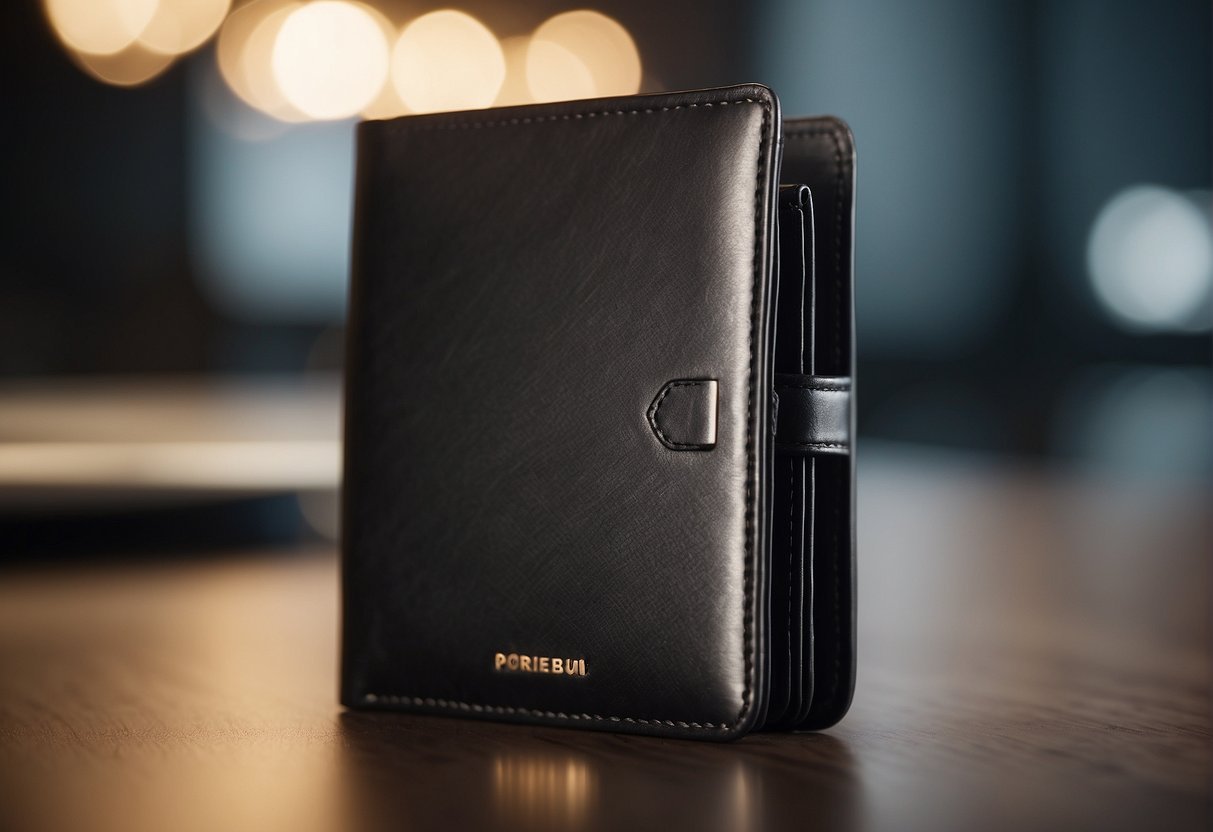 A sleek, modern wallet displayed on a clean, minimalist surface with soft lighting. Bold typography and stylish branding add to the overall aesthetic