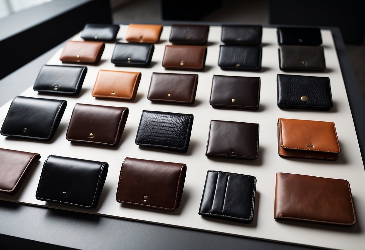 A stylish collection of 10 wallets for fashion-conscious men, arranged neatly on a sleek display stand