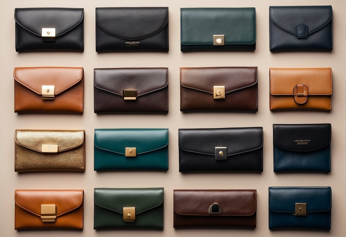 Ten stylish designer wallets, luxurious and sleek, arranged in a fashionable display