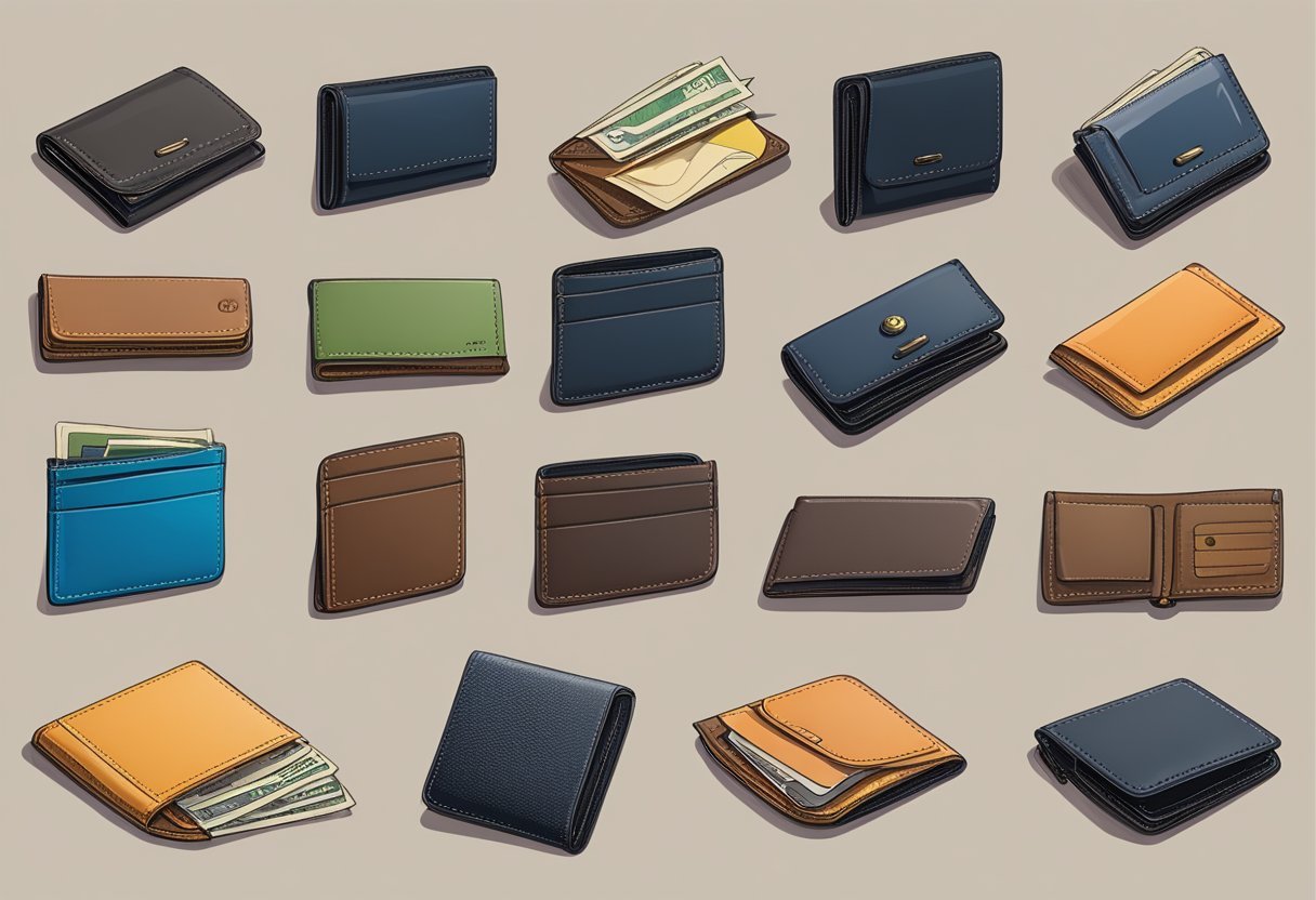 A variety of wallets displayed on a clean, well-lit surface with labels indicating their different features and uses