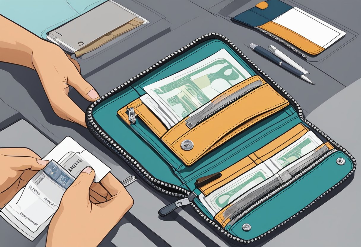 A person is comparing different wallets, considering size, compartments, and material. They are examining the stitching and logo, and testing the durability of the zippers and closures