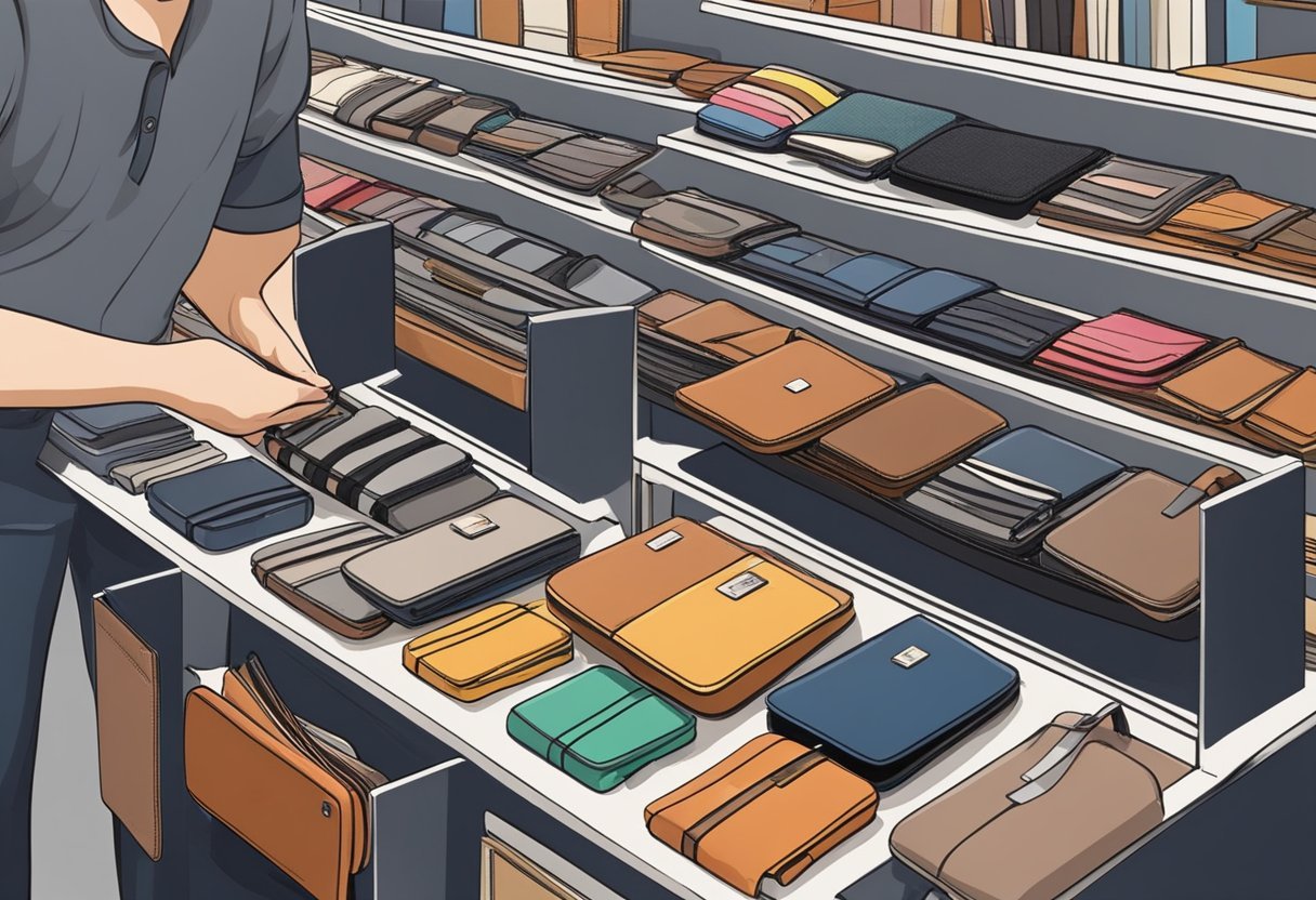 A person selecting a wallet from a display of various styles and colors, carefully examining the material and compartments