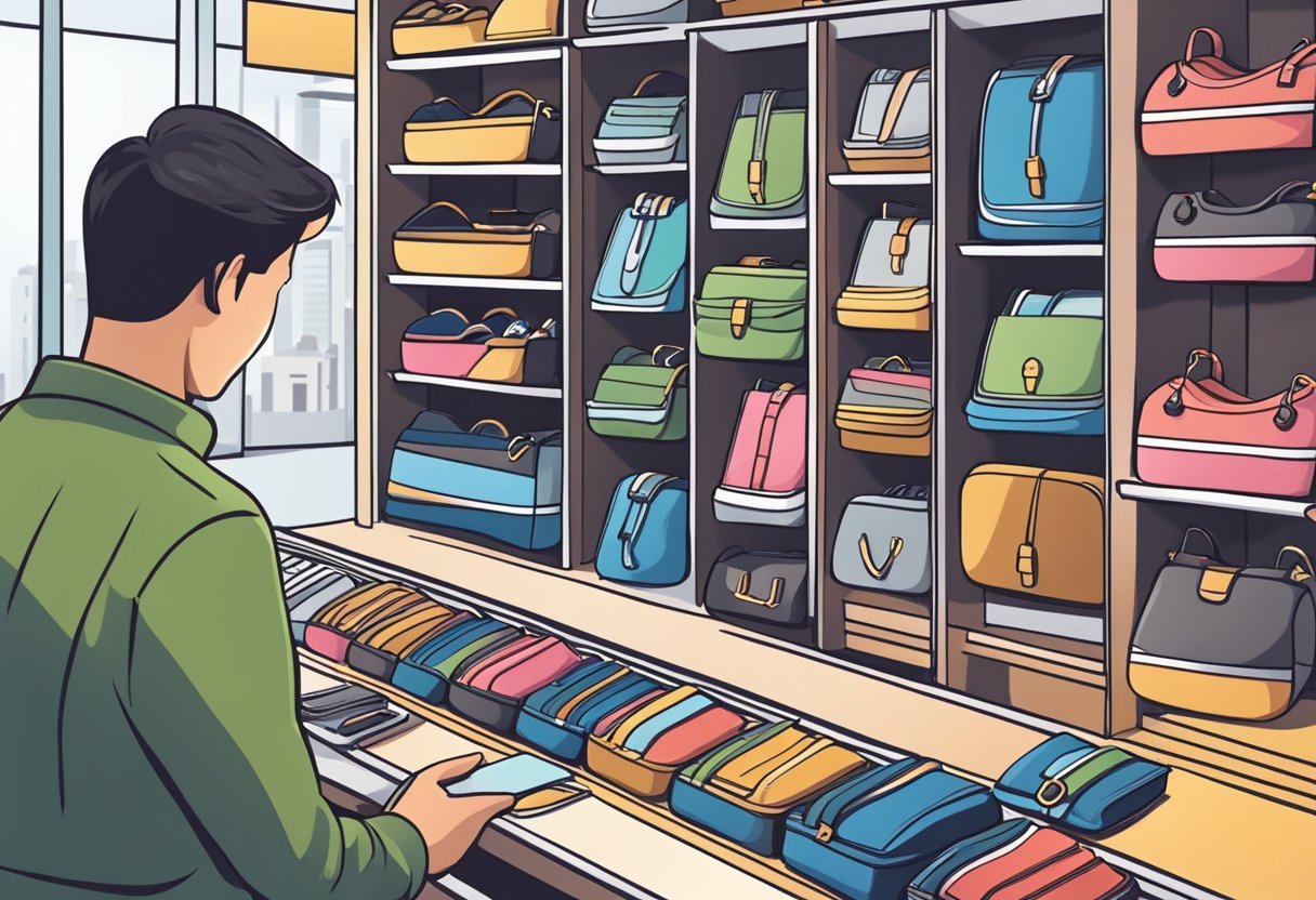 A person carefully selecting a wallet from a display of various options in a store, considering size, material, and functionality for daily use