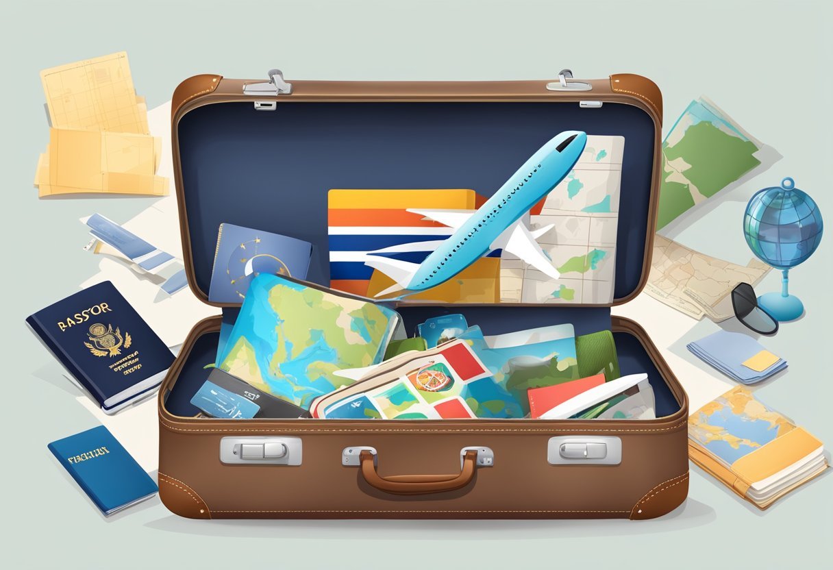 A suitcase with travel stickers, open and overflowing with clothing and travel essentials. A map, passport, and boarding pass are scattered nearby