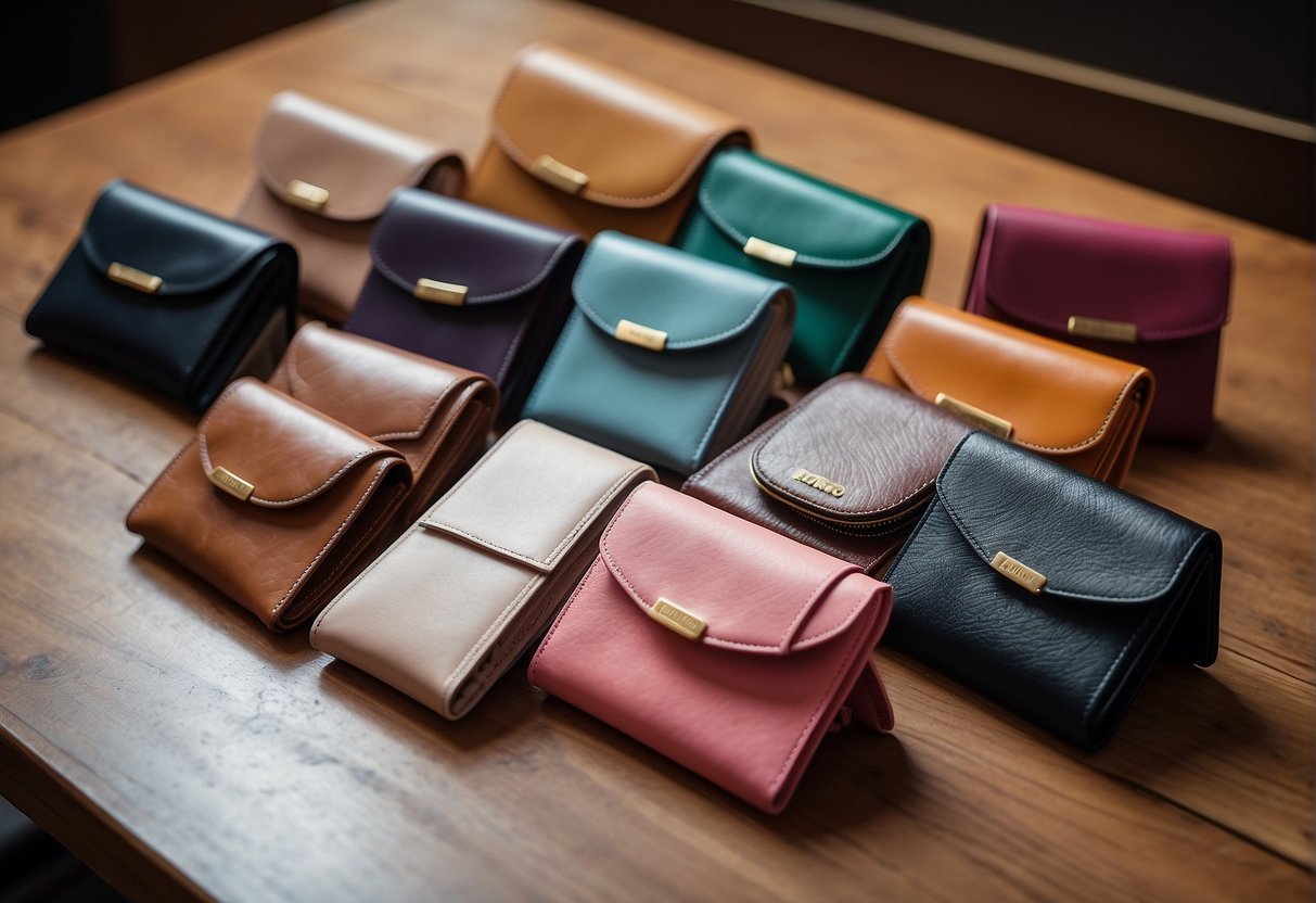 A display of the top 5 wallet brands for women, arranged neatly on a table with various styles, colors, and materials