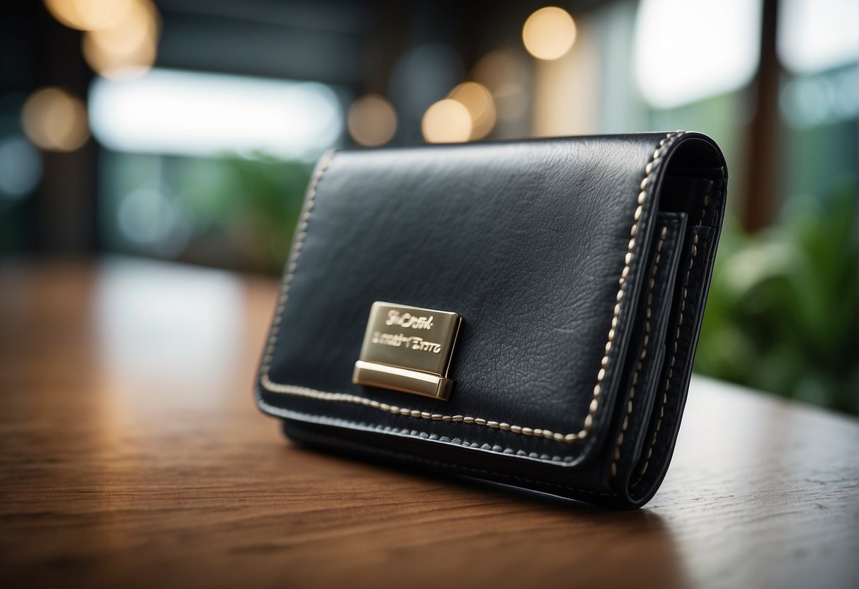 A wallet made from sustainable materials being showcased with care and maintenance tips, emphasizing its eco-friendly and stylish qualities