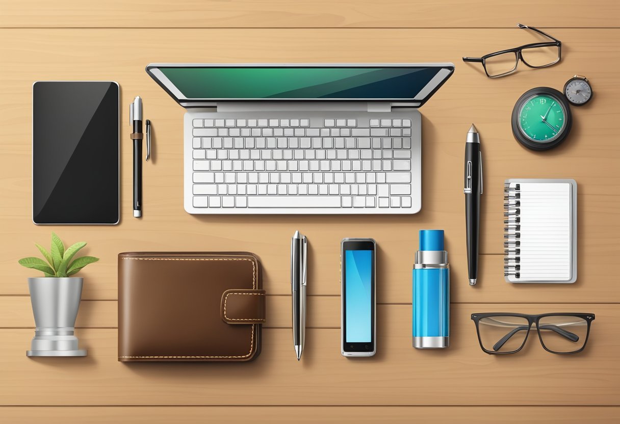 A sleek leather wallet surrounded by elegant business accessories on a polished desk