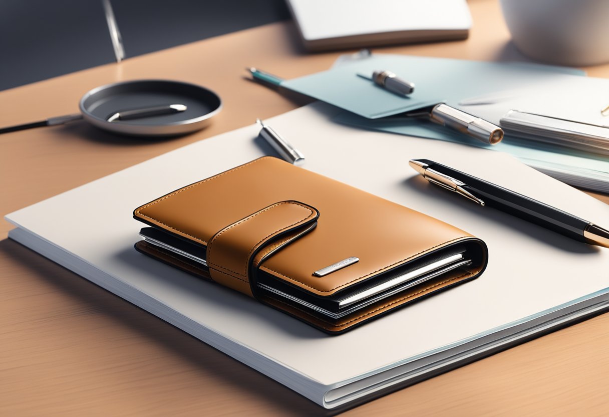 A sleek leather wallet and a pen sit on a polished desk in a modern office, symbolizing sophistication and professionalism for stylish business people