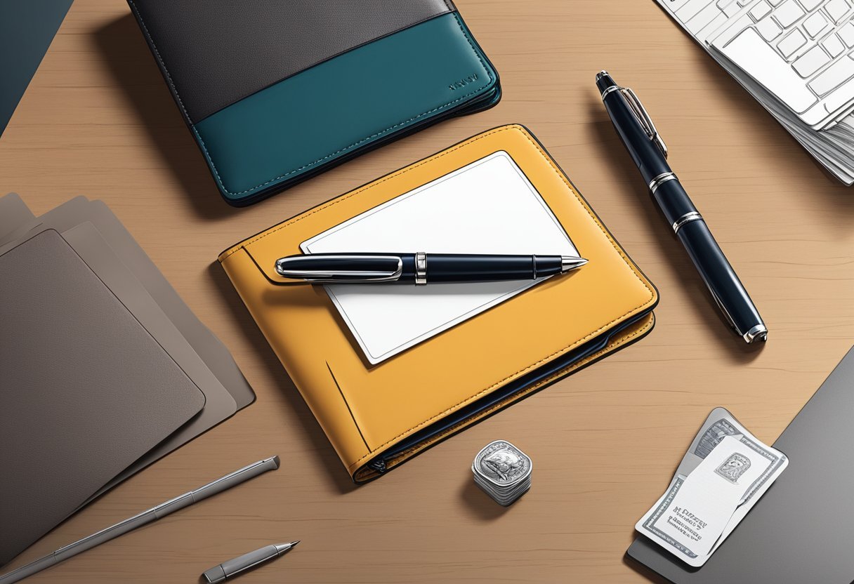 A sleek leather wallet sits on a polished desk, next to a fountain pen and a stack of crisp business cards. The wallet exudes professionalism and sophistication, perfect for stylish business professionals