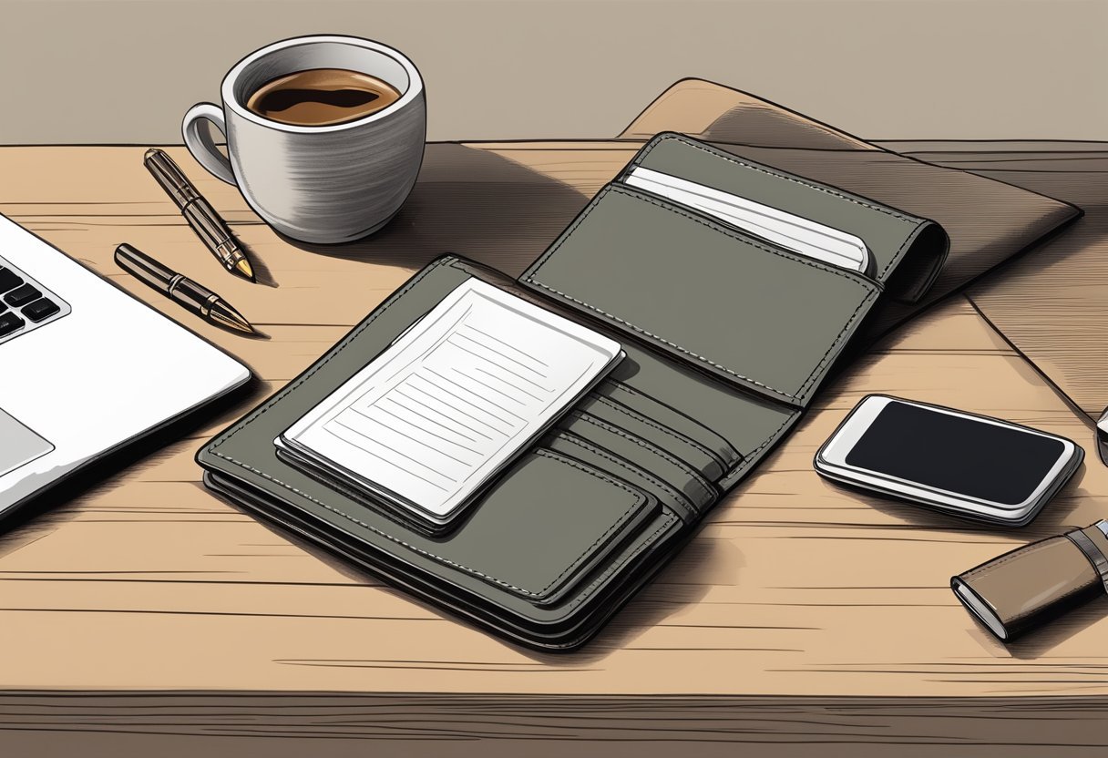 A sleek leather wallet on a polished desk, next to a fountain pen and a stack of business cards. A laptop and a cup of coffee complete the professional setting