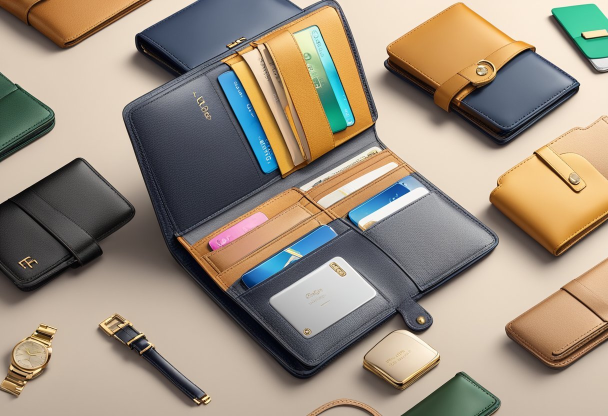 A collection of luxury wallets from high-end brands displayed on a sleek, well-lit shelf, showcasing their value as investment pieces