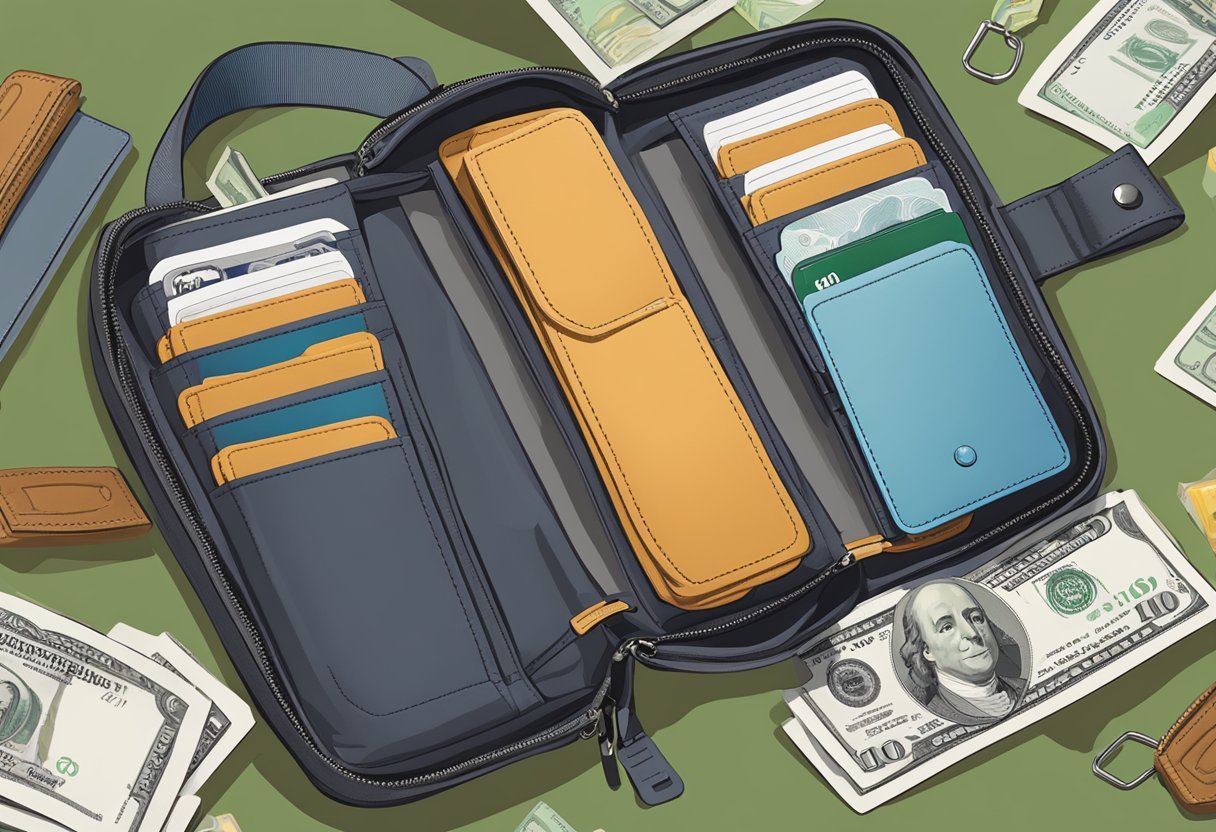 A weatherproof wallet is shown open, with compartments for cards and cash, attached to a backpack or belt. It is depicted as durable and practical for adventurers