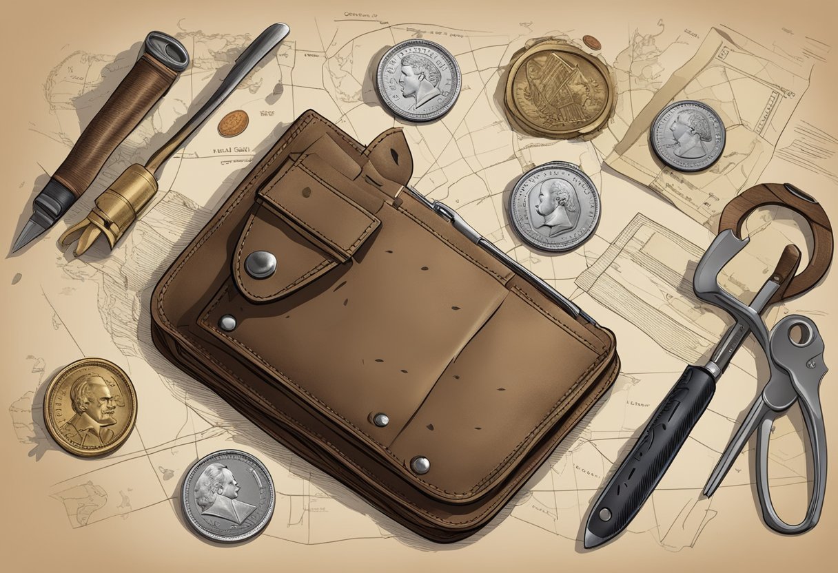 A sturdy adventurer's wallet with visible wear and tear, filled with various coins and bills, alongside a map, compass, and small tools