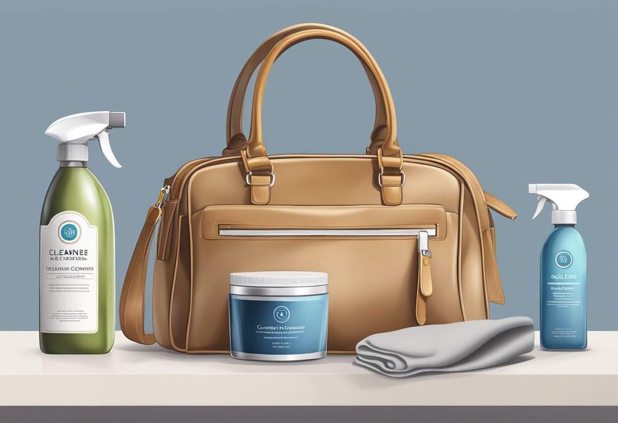 A handbag placed on a clean, flat surface. A soft cloth, leather cleaner, and conditioner nearby. Instructions for care and cleaning displayed in the background