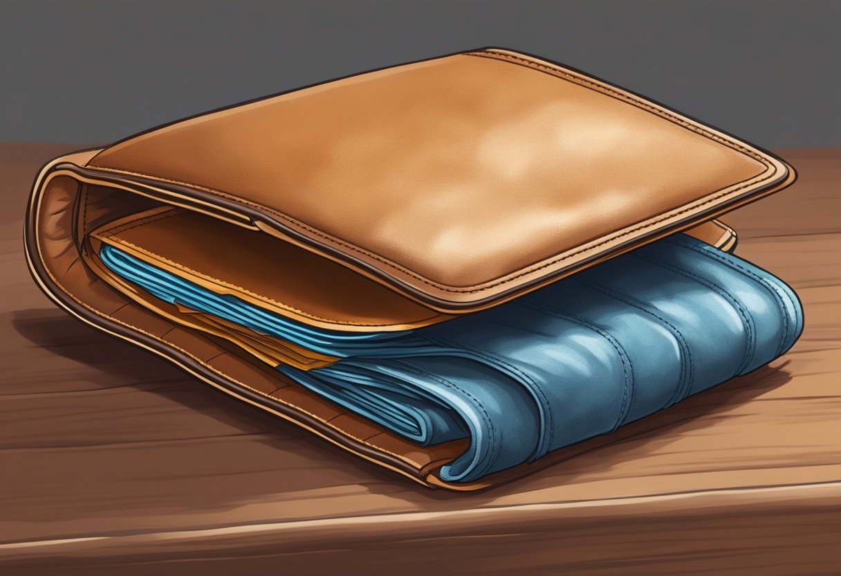 A wallet being gently wiped with a soft cloth, then treated with leather conditioner to maintain its quality and appearance